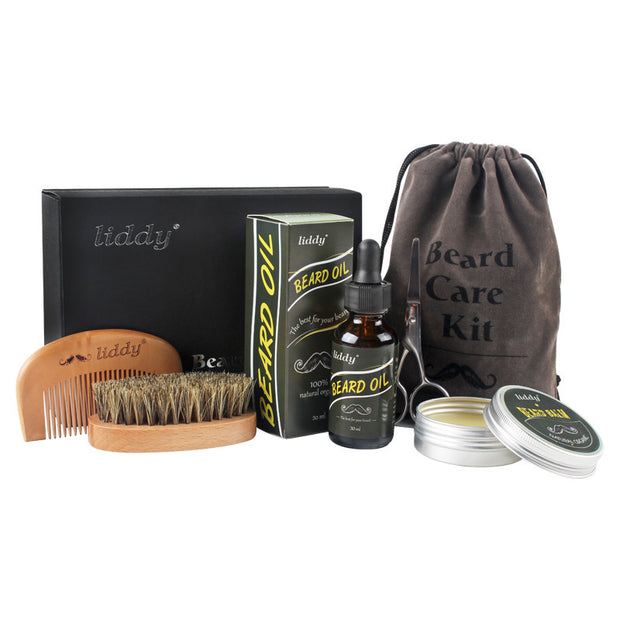 Grape Seed Oil, Sweet Almond Oil, Jojoba Oil, Argan Oil, Sandalwood Oil Premium beard grooming kit for men designed to help maintain their shape and color a 2 5mL sample Beard Oils in each of our essential oil scents Badass Beard Care Kits 